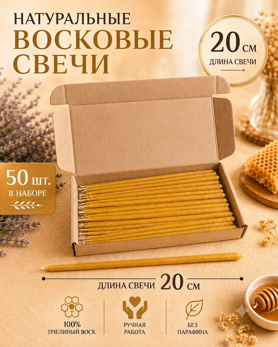 Свечи из натурального пчелиного воска, 50 шт. — свеча из натурального пчелиного воска